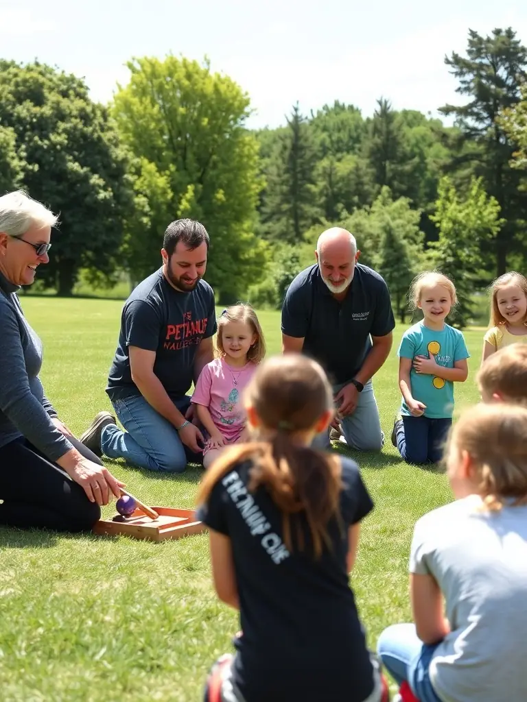 A heartwarming image of PETANQUE NAUCELLOISE members engaging with local youth, teaching them the basics of pétanque, illustrating the association's commitment to community outreach.