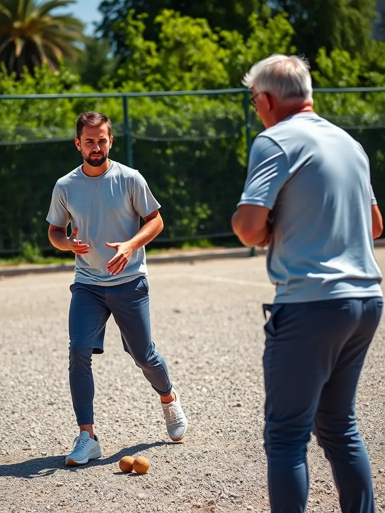 An image of PETANQUE NAUCELLOISE members receiving guidance from an experienced coach during a training session, emphasizing skill development and learning opportunities.