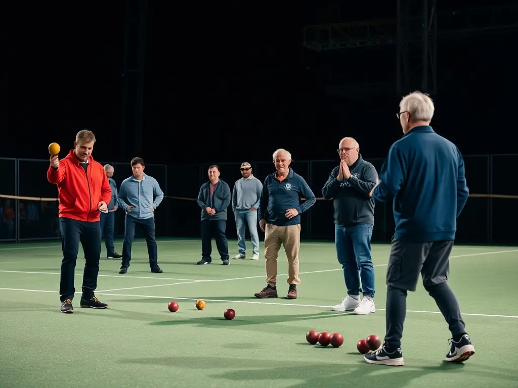 A team of pétanque players strategizing during a match, showcasing teamwork and communication. They are focused and determined, but also enjoying the challenge.