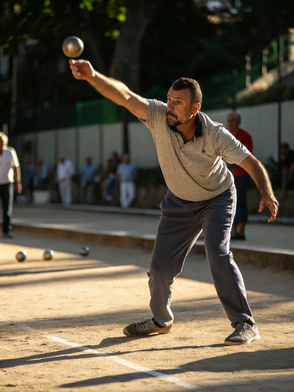 A close-up shot of a pétanque ball being thrown, emphasizing the precision and skill involved in the sport.