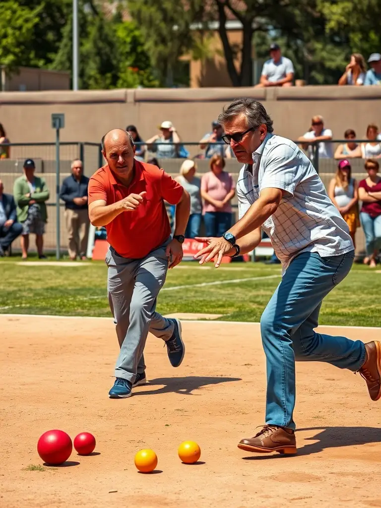 A wide shot of a pétanque tournament in progress, showing multiple teams competing and spectators watching.