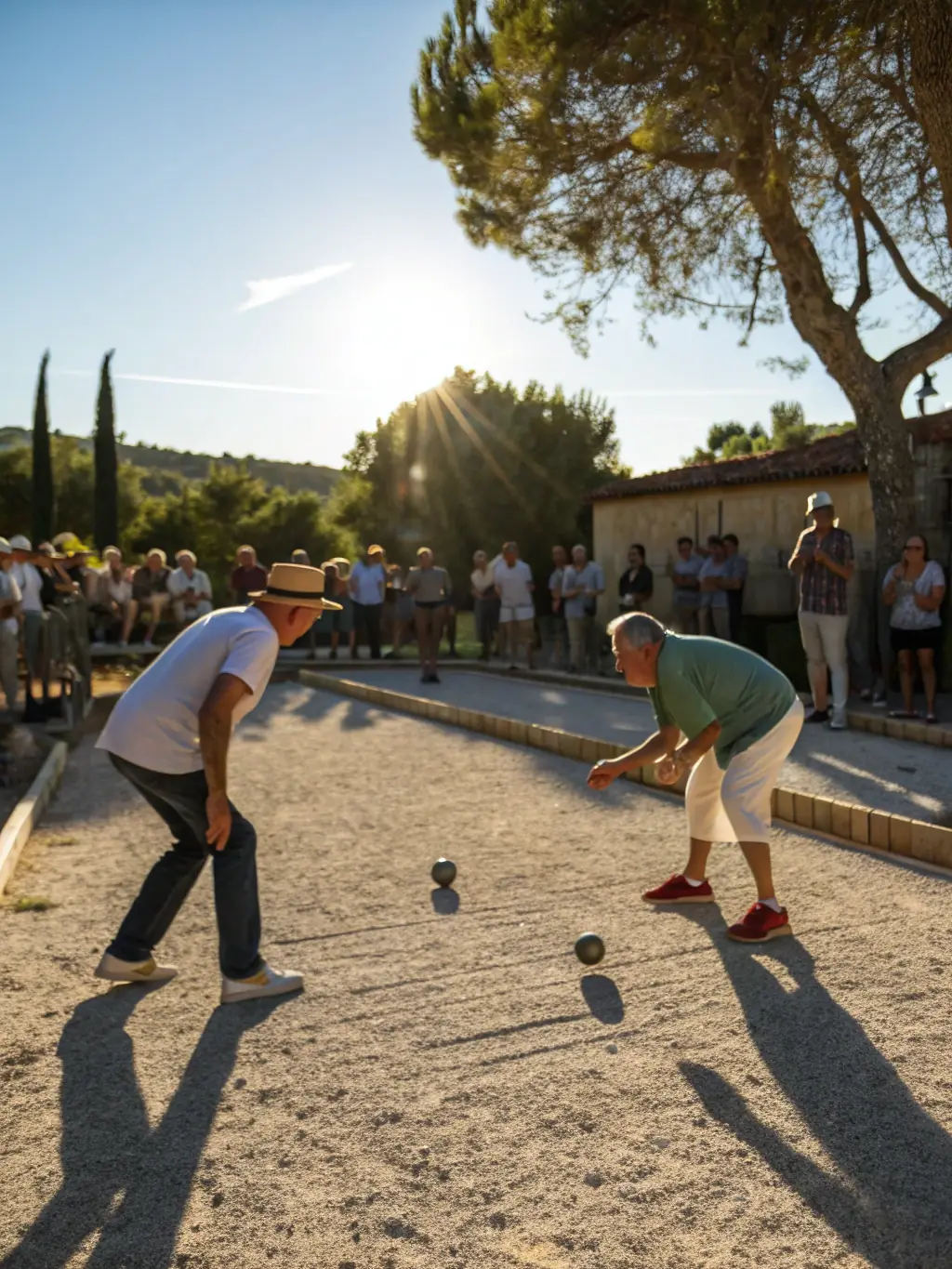A dynamic shot of a pétanque tournament organized by PETANQUE NAUCELLOISE, featuring intense competition and enthusiastic spectators, highlighting the excitement of competitive play.