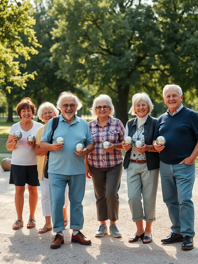 A group of people of various ages playing pétanque on a gravel court, focusing on the camaraderie and friendly competition.