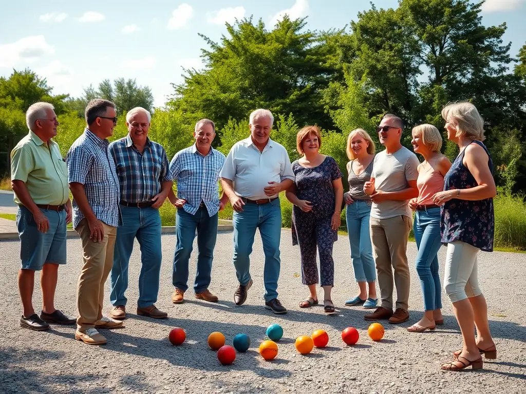 A vibrant image of a pétanque tournament in Naucelles, showcasing players of all ages and backgrounds competing in a friendly and spirited atmosphere. The image captures the essence of community engagement and the joy of playing pétanque.