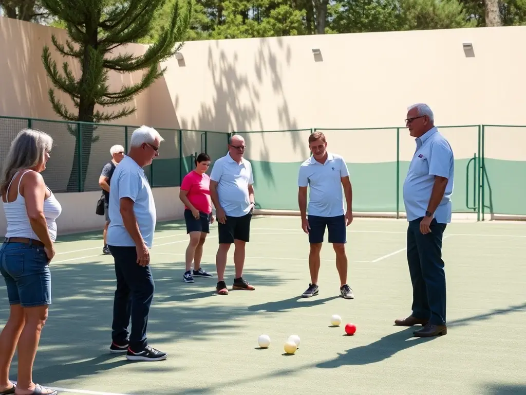 A photograph of a pétanque coaching session in Naucelles, featuring an experienced instructor guiding participants on proper techniques and strategies. The image emphasizes the learning and skill-development aspects of the program.