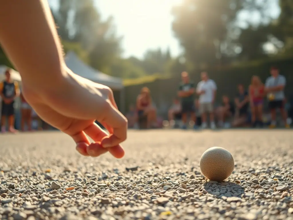 An individual pétanque player carefully aiming their boule, demonstrating focus and precision. The background shows a well-maintained pétanque court.