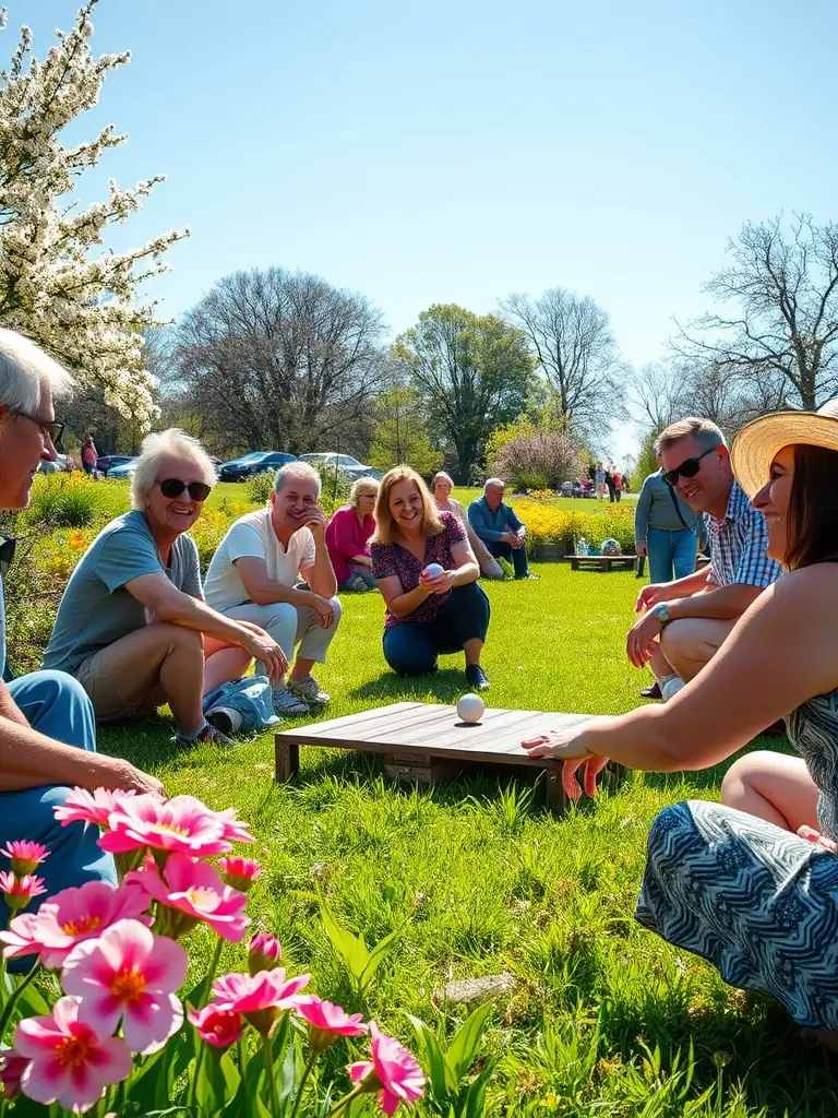 A photograph capturing a group of PETANQUE NAUCELLOISE members participating in a friendly pétanque match during a local community event, showcasing the spirit of camaraderie and sportsmanship.