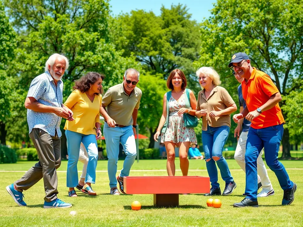 A group of people of different ages playing pétanque in a park, laughing and enjoying each other's company. The sun is shining, and the atmosphere is relaxed and friendly.