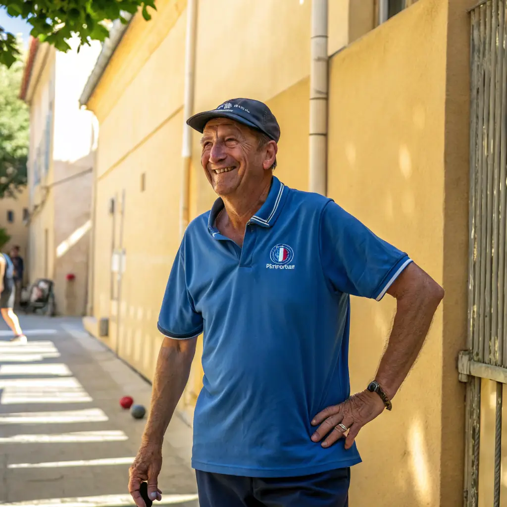 A professional portrait of a smiling middle-aged man with short brown hair, wearing a suit and tie, standing in front of a pétanque court.